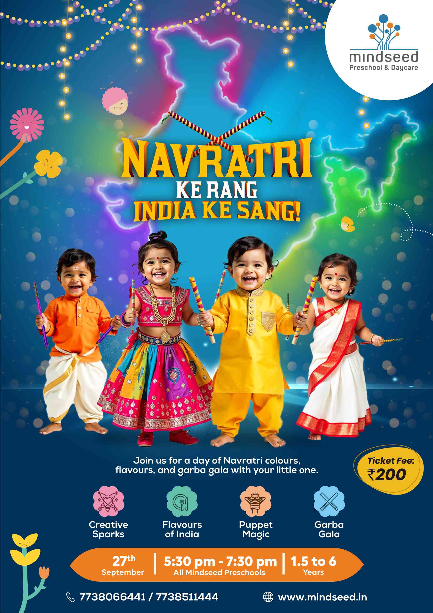 Event flyer for a Navratri celebration hosted by Mindseed preschool and daycare, featuring children in traditional attire, event details, and activities like Garba and puppet shows.