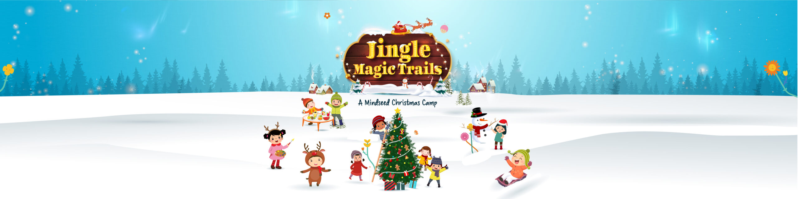 Promotional banner for 'Jingle Magic Trails,' a festive Christmas camp at Mindseed preschool and daycare.