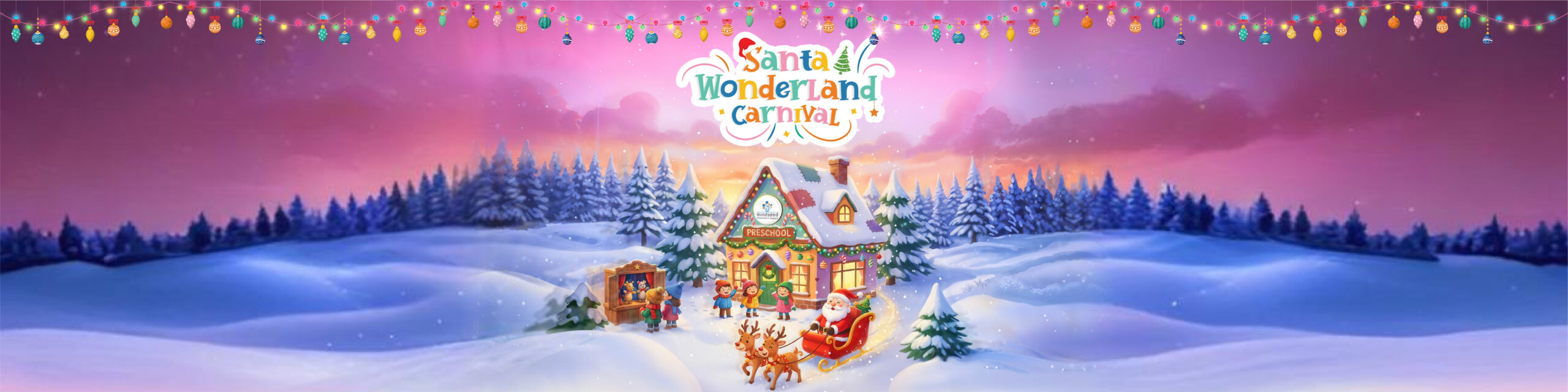 Promotional banner for the 'Santa Wonderland Carnival' holiday event at Mindseed preschool and daycare.