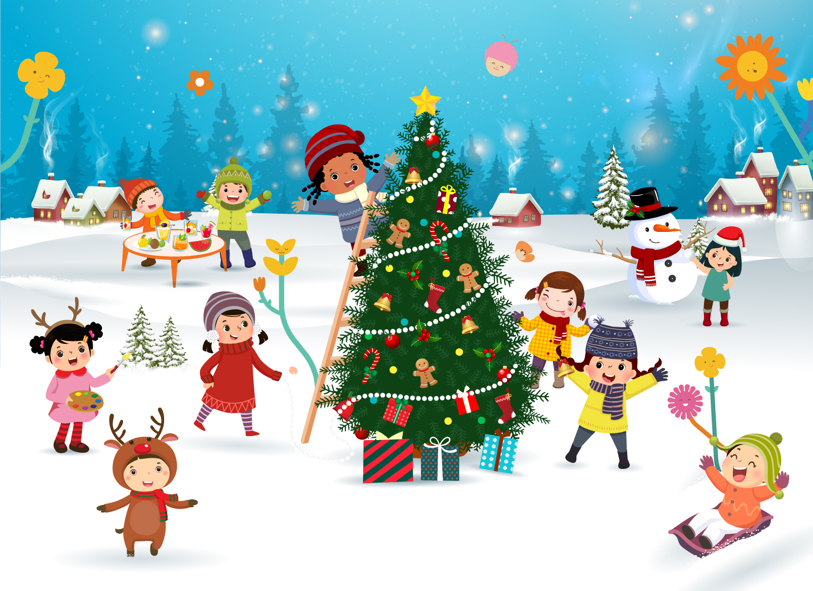 A group of joyful children celebrating the holiday season together at Mindseed preschool and daycare.