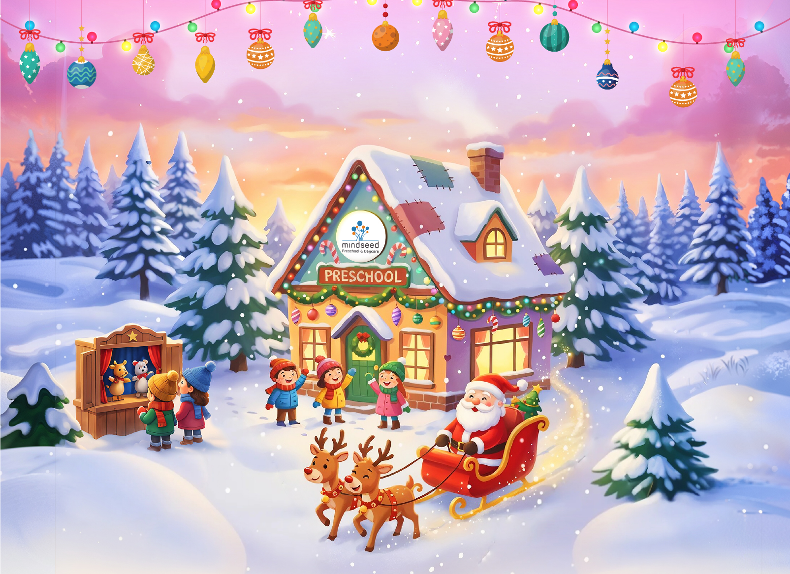 A festive holiday scene with Santa Claus and children visiting Mindseed preschool and daycare.