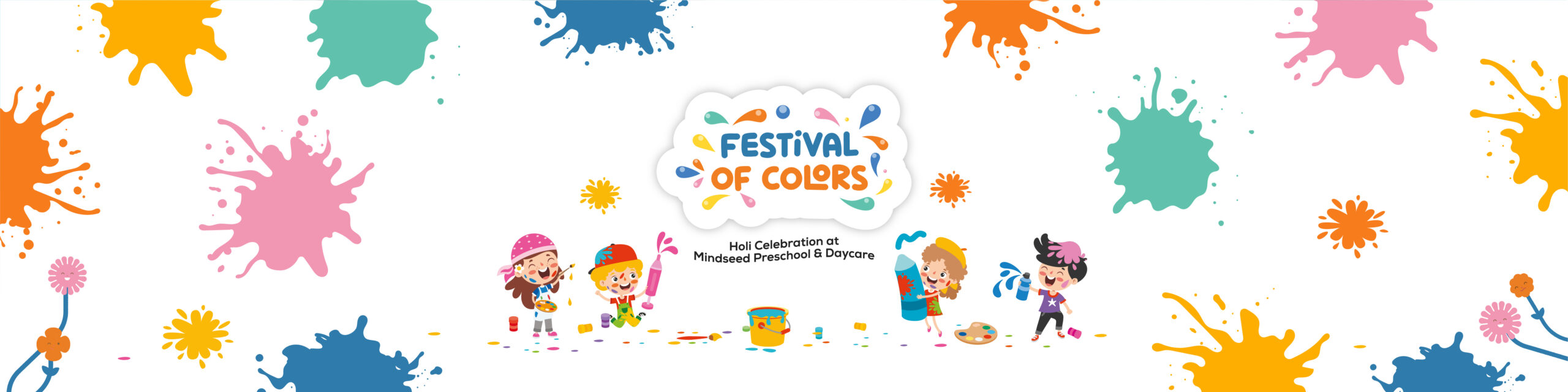 Children joyfully celebrating the Festival of Colors (Holi) with vibrant paint splashes at Mindseed preschool and daycare.