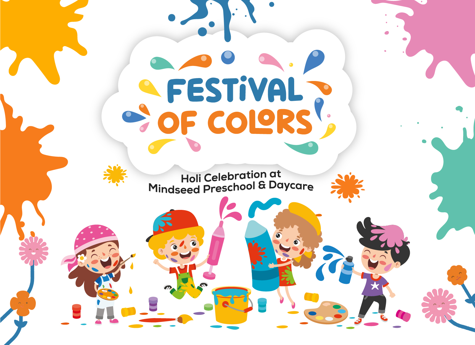 "Colorful Holi celebration graphic titled 'Festival of Colors' featuring happy children playing with paint, hosted by Mindseed Preschool & Daycare."