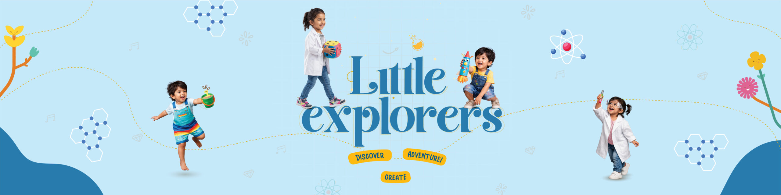 A wide banner showcasing the 'Little Explorers' program, featuring children engaged in joyful, hands-on learning at Mindseed preschool and daycare.