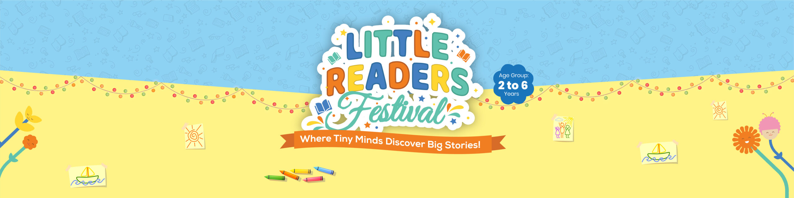 The wide 'Little Readers Festival' banner designed for children aged 2 to 6, promoting a journey of storytelling and imagination at Mindseed preschool and daycare.