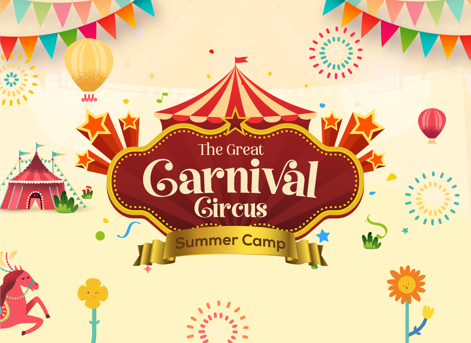 "The Great Carnival Circus Summer Camp title graphic featuring a festive circus tent, bunting, and fireworks, hosted by Mindseed preschool and daycare."