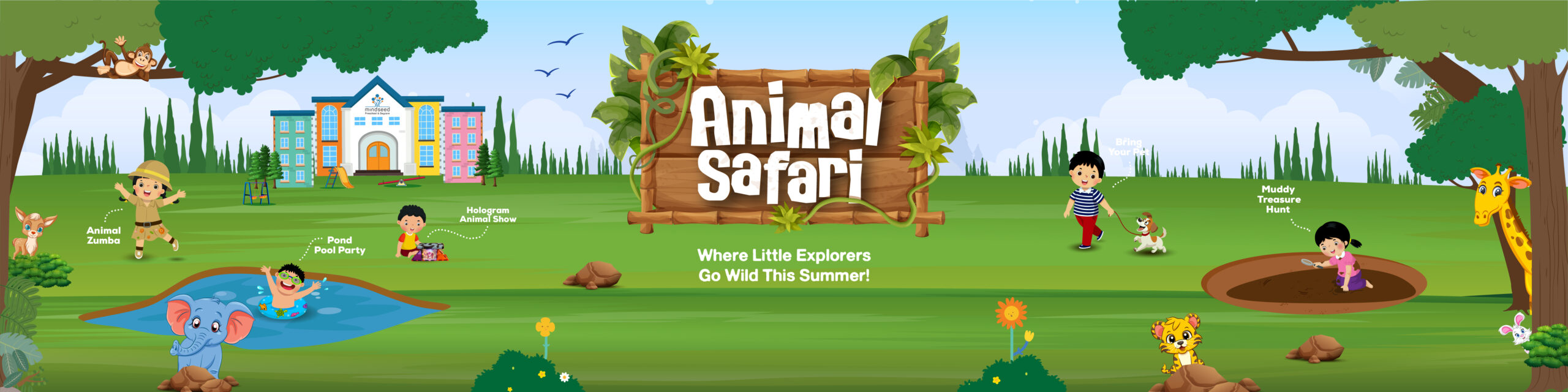 Mindseed preschool and daycare promotional banner for the "Animal Safari" summer program, featuring vibrant jungle-themed activities.