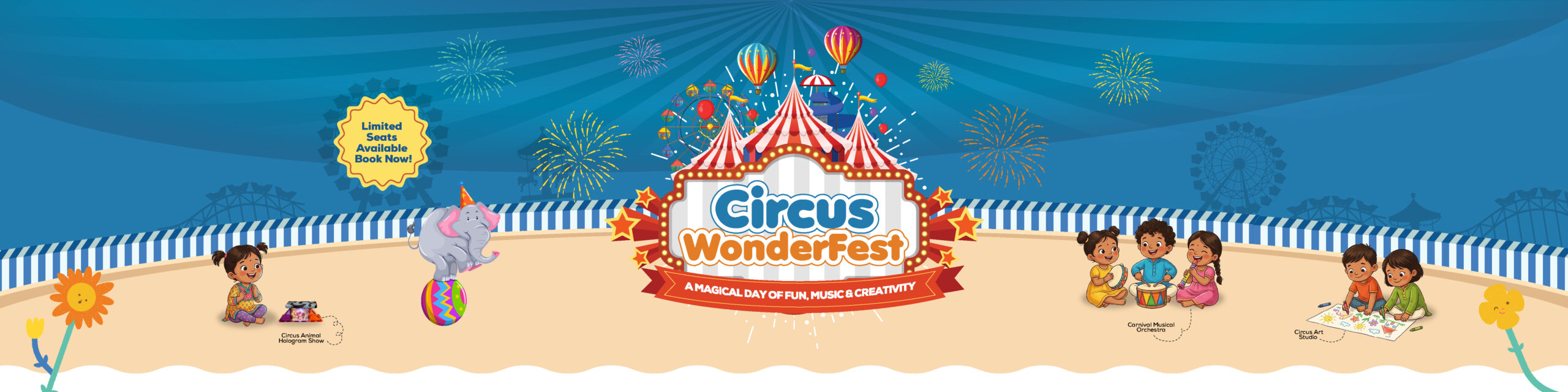 Mindseed preschool and daycare promotional banner for the "Circus WonderFest" event featuring circus-themed activities for children.