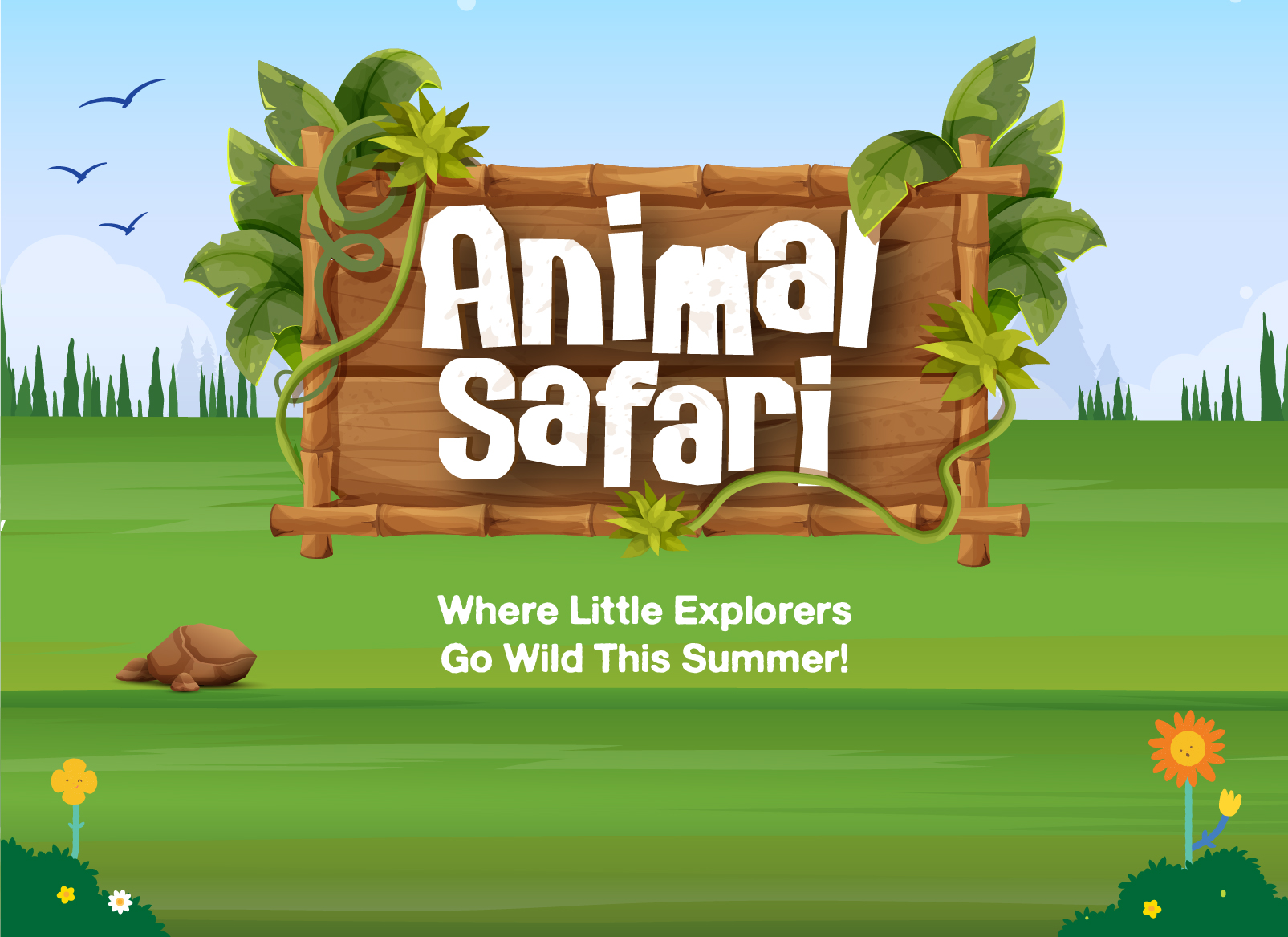 Promotional graphic for the "Animal Safari" summer program at Mindseed preschool and daycare, featuring a jungle-themed signboard.