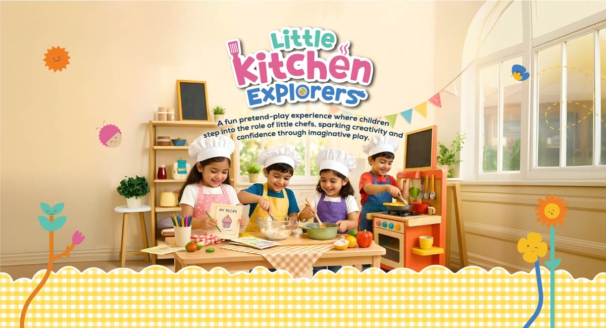 Promotional graphic for the "Little Kitchen Explorers" pretend-play experience at Mindseed preschool and daycare.