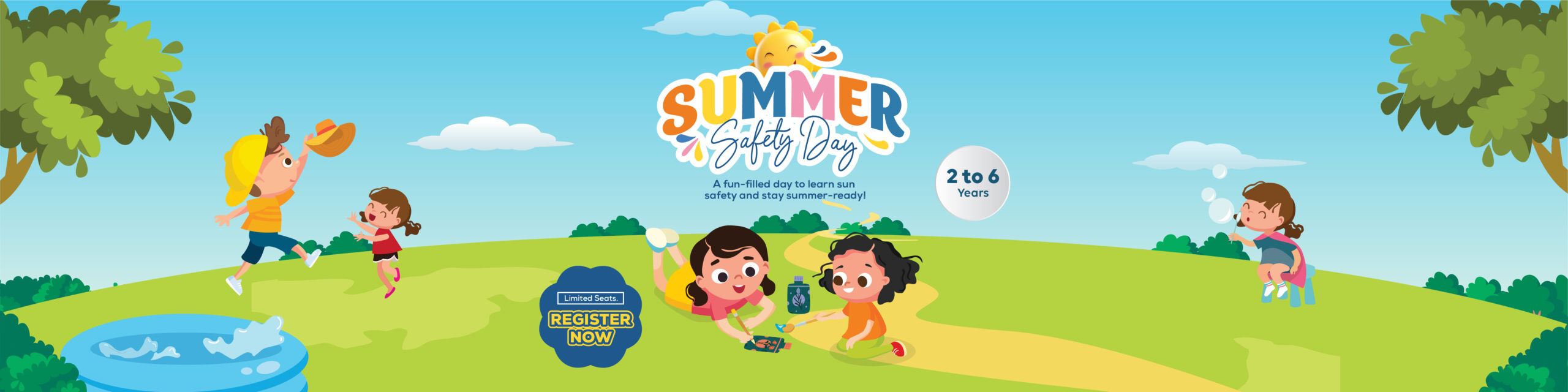 Mindseed preschool and daycare promotional banner for a "Summer Safety Day" event featuring children playing outdoors, designed for ages 2 to 6.