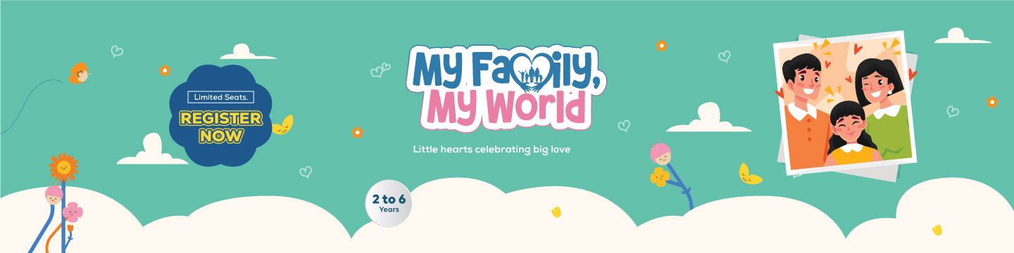 Promotional banner for the "My Family, My World" event at Mindseed preschool and daycare, inviting families to celebrate love.