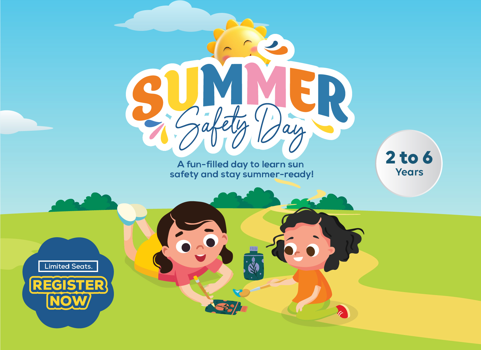 Mindseed preschool and daycare promotional graphic for a "Summer Safety Day" event for children aged 2 to 6 years.