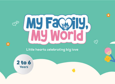 Mindseed preschool and daycare promotional graphic titled "My Family, My World" for children aged 2 to 6 years.