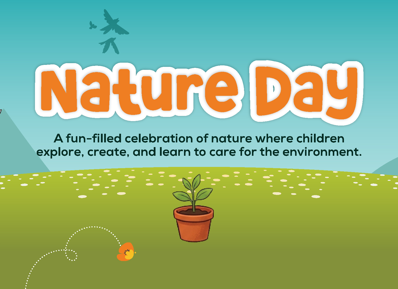 Promotional graphic for "Nature Day" at Mindseed preschool and daycare, featuring a plant and playful nature-themed illustrations.