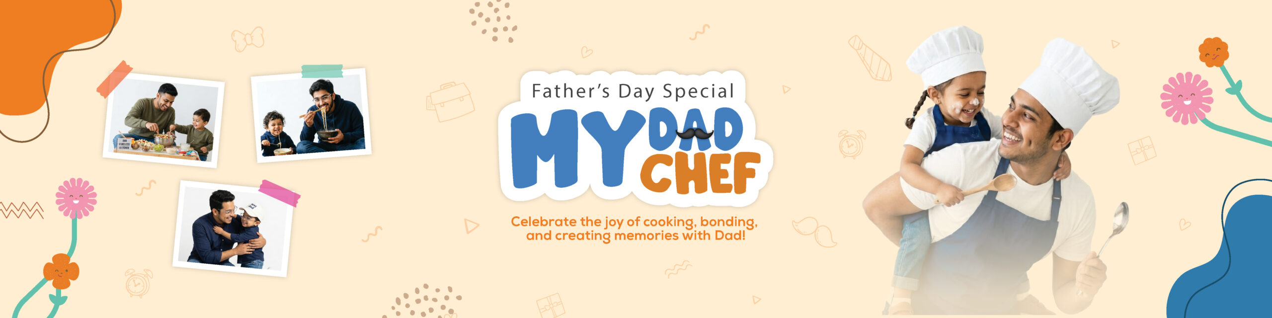 Promotional banner for the "My Dad Chef" Father's Day event featuring fun cooking activities at Mindseed preschool and daycare.