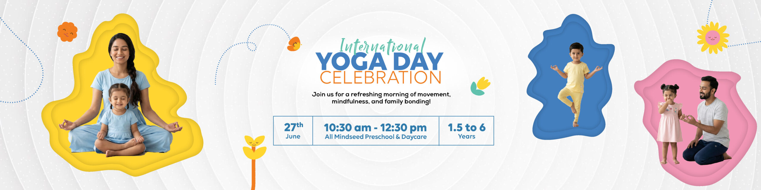 A colorful event poster inviting families to an International Yoga Day celebration at Mindseed preschool and daycare.