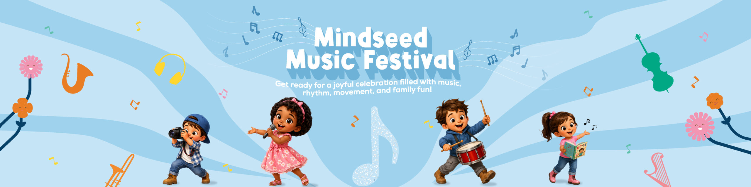 A colorful and cheerful banner announcing the Mindseed Music Festival at Mindseed preschool and daycare.