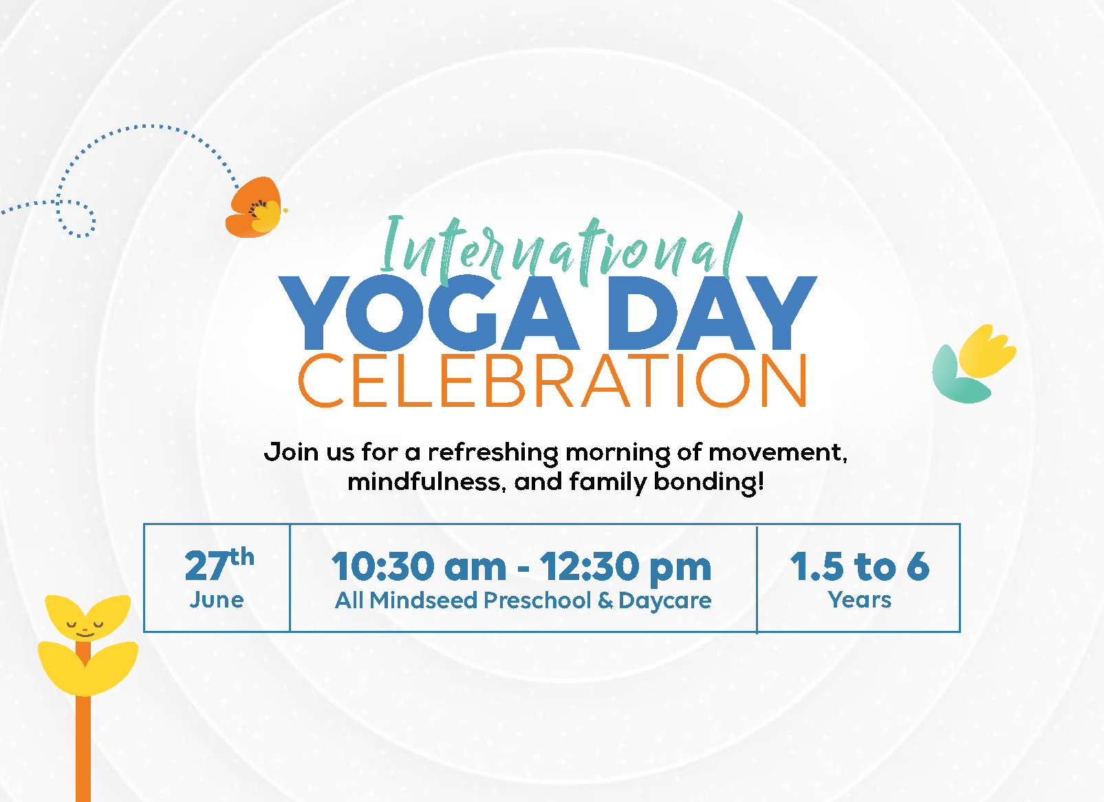 Event flyer for the International Yoga Day celebration hosted at Mindseed preschool and daycare.