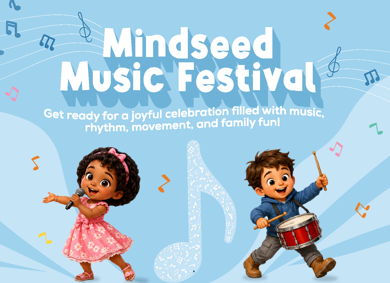 Event flyer for the Mindseed Music Festival, a joyful celebration at Mindseed preschool and daycare.